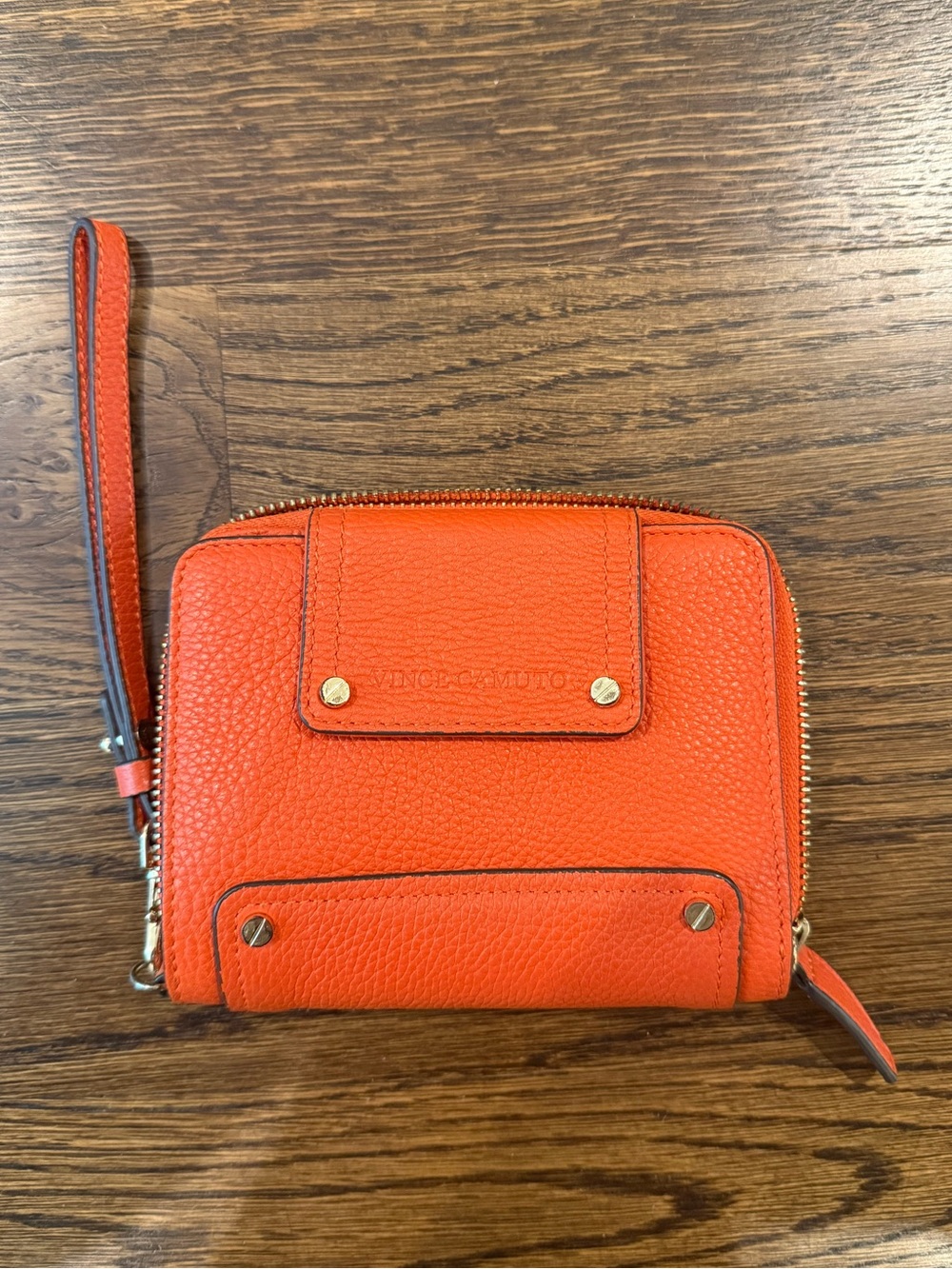 Vince Camuto Vibrant Orange Pebbled Leather Bifold Wristlet Wallet